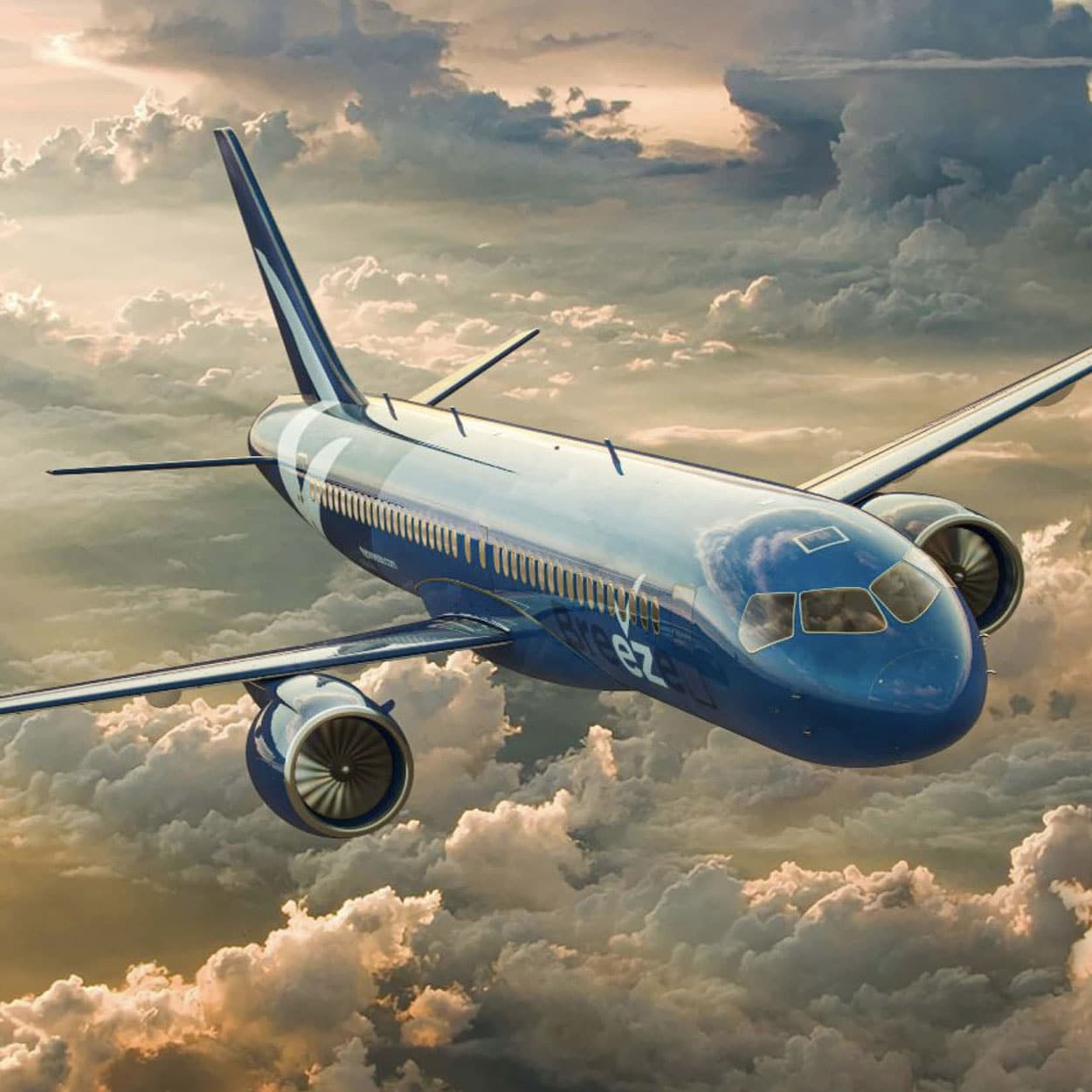 Breeze Airways aircraft in the airline's blue livery flying above golden clouds